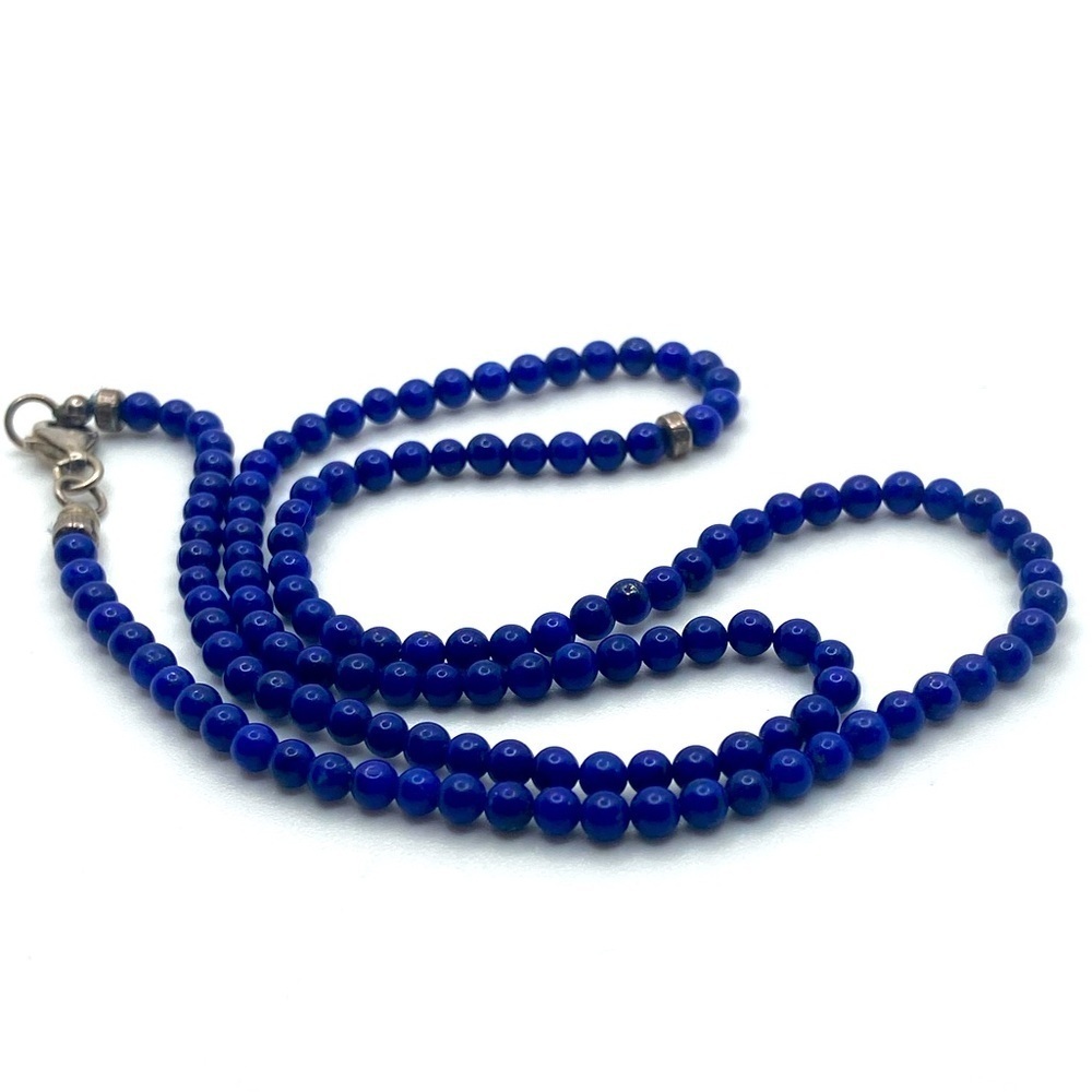 VTG Lapis & Sterling Round Bead Beaded Necklace w 925 Clasp Apx 16” / 3mm beads